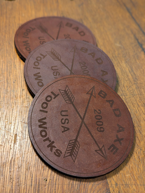 bad axe tool works leather coaster
